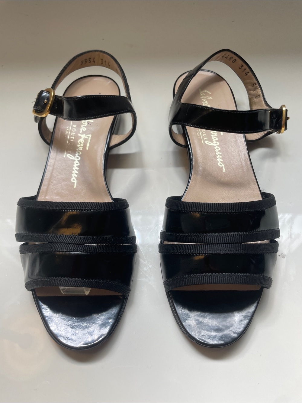 Salvatore Ferragamo Black Patent Leather Strappy Slingback Sandals